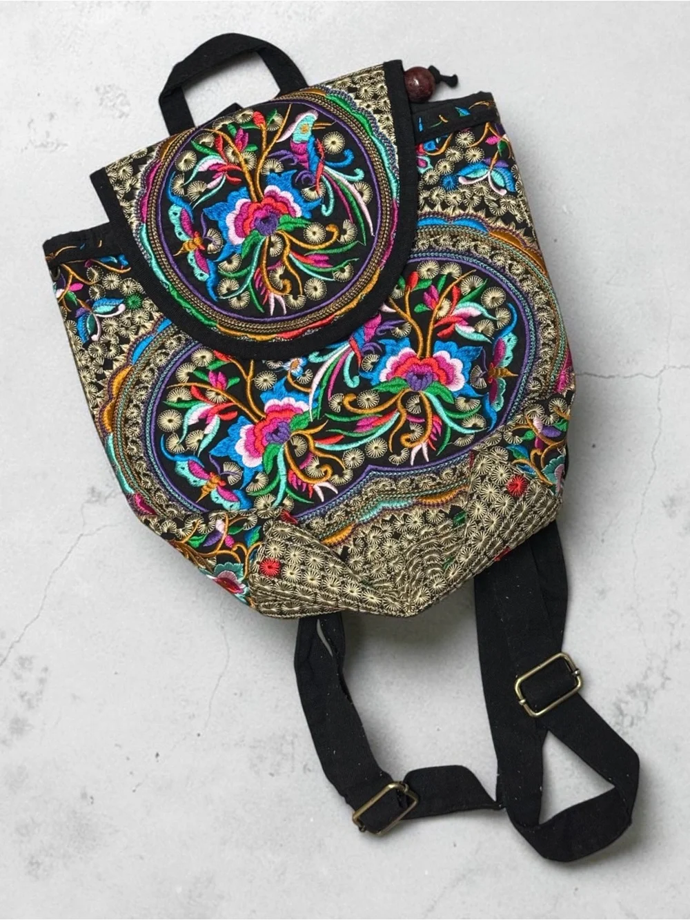 Indian Boho Gypsy Western Embroidered Canvas Mini Backpack Adjustable Straps Flo